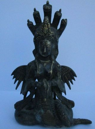 Antique Brass Yellow Bronze Sculpture Iconic Mansa Devi Snake Goddess Vintage