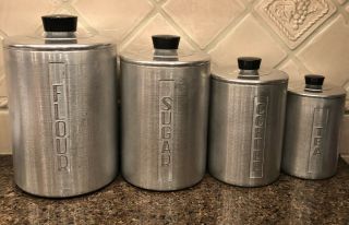Vintage Set Of 4 Kitchen Canisters Spun Aluminum Mcm Flour Sugar Coffee Tea