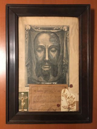 The Holy Face Antique 1905 Catholic Relic Veil Of Veronica Framed W/ Certificate