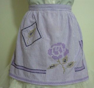Vintage Inspired Hostess Half Apron Purple Gingham Check X Stitch Party Gift