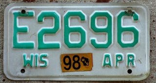 1994 Green On White Wisconsin Motorcycle License Plate With A 1998 Sticker