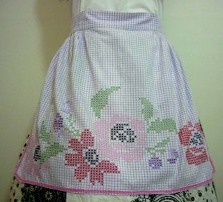 Vintage Hostess Half Apron Lilac /white Gingham X Stitch Hens Party Gift Home