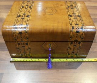 Antique Edwardian Parquetry Inlaid Lined Stationery Box With Key