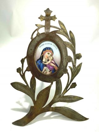 Antique French Porcelain Plaque Of Madonna - Notre Dame Du Grace Brass Frame