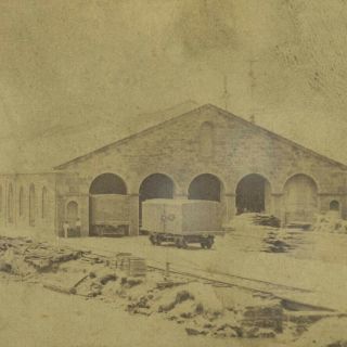 Antique Cdv Photo Of Civil War Era Large Brick Railroad Building,  Train Depot