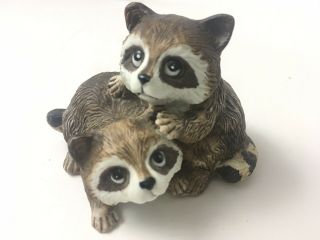 Vintage Homco Animal Figurine Baby Raccoon Kittens Twins 1454 Porcelain