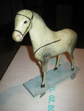 Antique Toy Pull Along Horse On Wheels 19th C.  8 1/2 " High.