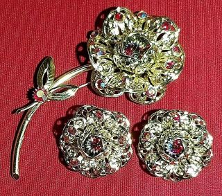Vintage Clip Earrings Brooch Pin Set Signed Sarah Coventry Red Ab Rhinestone