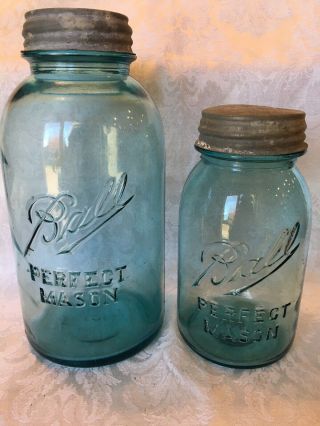 2 Vintage Ball Blue Perfect Mason Jars W/zinc Lids (half Gallon And Quart)
