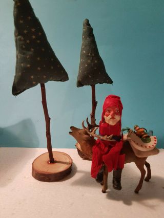 Antique German Putz Santa Mass Face Crepe Paper Riding Small Deer