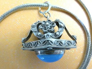 Vtg 800 Silver Huge Blue Glass Etruscan Fob Charm Pendant Necklace Italy