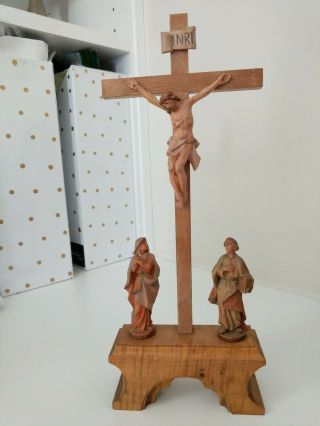 Hand Carved Wood Inri Crucifix.  Cross Jesus Vtg Anri Style Mary