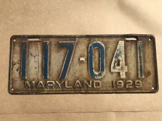 1929 Maryland License Plate Vintage Metal Tag 117 - 041