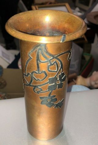 Antique Arts & Crafts Copper Vase With Sterling Overlay Designs Vase 6 " Heintz?
