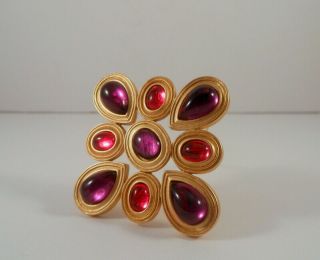 Vintage 80’s Monet Satin Gold Tone Amethyst Purple & Red Glass Stone Brooch/pin