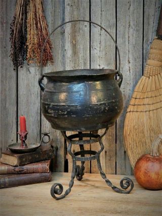 Aafa Early Antique Primitive Cast Iron Cauldron W/ Stand Mark Witch Halloween