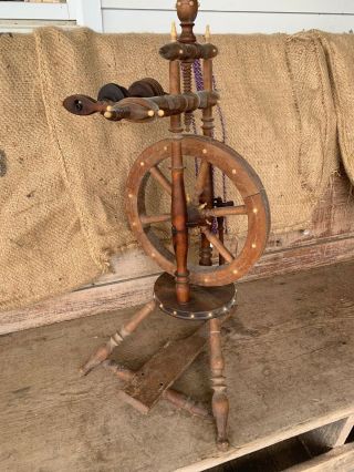 Antique Castle Style Bone Decorated Parlor Spinning Wheel