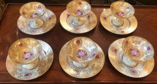 Dessert Compote Set Hand Painted Roses Encrusted Gold Moriage