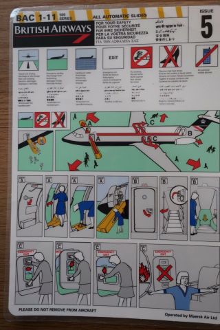 British Airways (maersk Air) Bac 1 - 11 500 Srs Airline Safety Card
