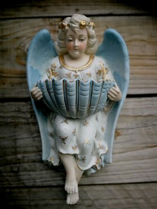Antique Xl 10,  5 " French Religious Porcelain Bisque Holy Water Font Angel Cherub