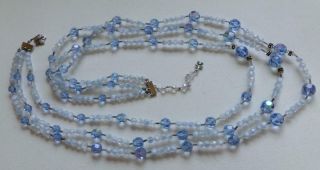 Vendome Vintage Necklace 3 Strand Blue Aurora Borealis & Givre Glass Beads