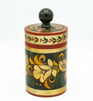 Vintage Khokhloma Russian Lacquer Wood Hand Painted Container Canister W/ Lid