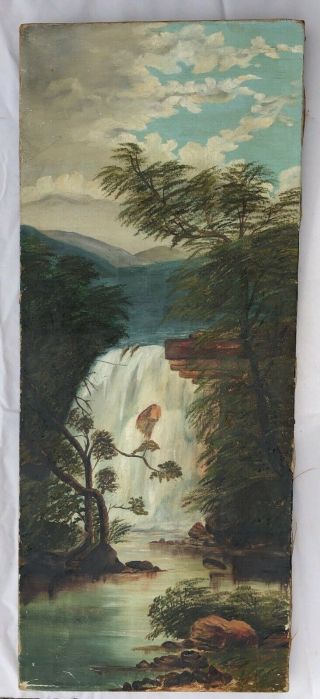 Waterfall Landscape Primitive Antique Late 1800s Oil Painting On Canvas York