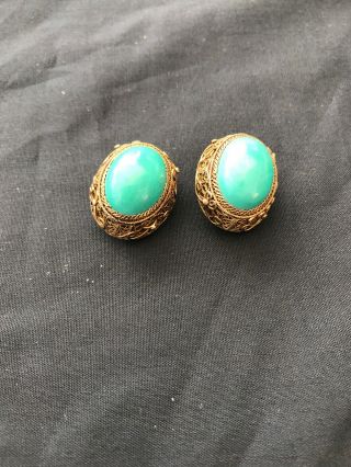 Antique Old Chinese Gilt Gold Silver Green Filigree Floral Clip Earrings