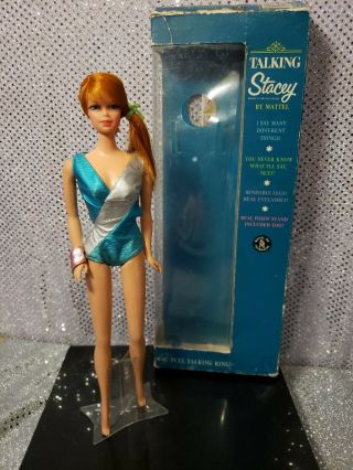 Vintage 1968 Talking Stacey Barbie Doll Mattel 1125 Box And Wrist Tag