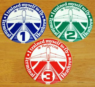 3 X Old London Heathrow Airport (uk) Terminal 1,  2,  3 Airport Stickers