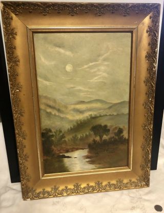 Antique Hudson River School Oil Painting “nocturnal” Moonlit Landscape Framed