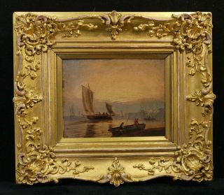 Rare Georgian Antique Oil Painting Of Sailing Ships In Period Gilded Gesso Frame
