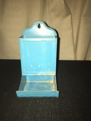 Vintage Metal Tin Match Box Holder Matchstick Wall Hanging Blue.