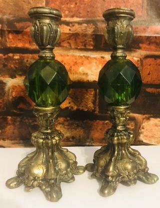 Vintage Ornate Solid Brass Candle Holders With Green Lucite 8 " Holiday