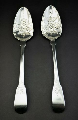 C1805,  Fine Pair Antique Georgian Hm Solid Silver Bright Cut Berry Table Spoons