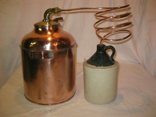 Antique Copper Moonshine Still With Coil And Jug - Whiskey Still Pot - Vintage