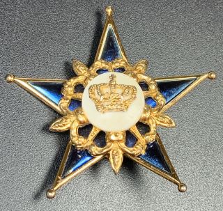 Signed Coro Vintage Brooch Pin Huge Blue Enameled Star Crown