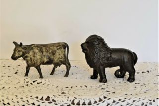 Antique Two Still Banks,  Cast Iron Lion And Cow Paint 1800 