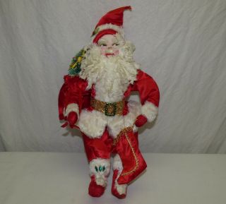 Vtg Hand Made Estelle Powell 18 " Santa Doll W/ Red Satin Suit & Silk Fabric Face