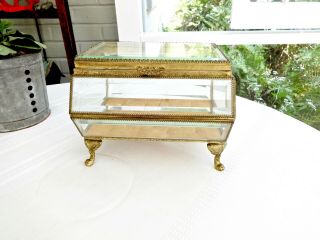 Large Antique French Gilt Metal Beveled Glass Curl Footed Vitrine Jewelry Box