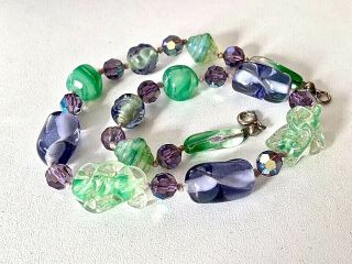 Vintage Art Deco Style Purple & Green Murano Style Glass Beaded Necklace 16inch