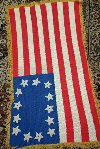 Vtg Usa Bicentennial American Flag Knit Throw Lap Blanket Fringe United States