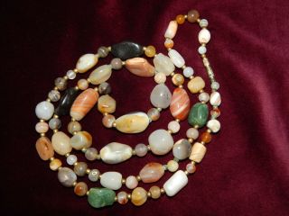 Vintage Very Long Carved & Polished Scottish Agate Bead Necklace 94 Cms Long