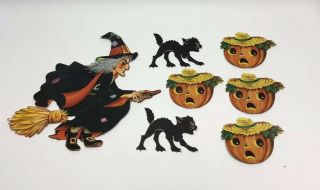 Vintage Beistle Halloween Decorations Paper Die Cut 1989 Witch Black Cat Pumpkin