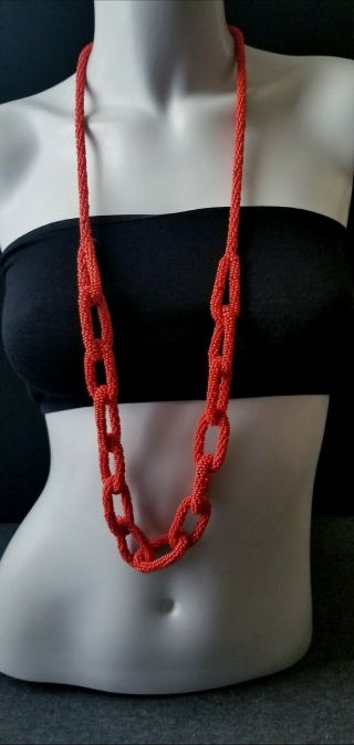 Vtg Lovely Long Chain Link Seed Bead Glass Statement Necklace Hm Pumpkin Orange