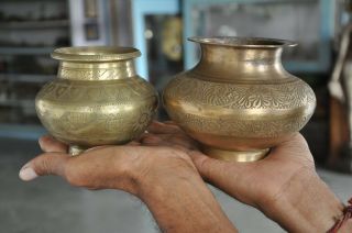 2 Pc Old Handcrafted Inlay Engraved Brass Water Pots,  Rich Patina
