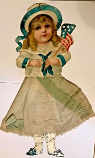 Antique Vtg Patriotic Girl Cotton Batting Die Cut German Christmas Ornament