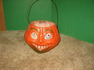 Vintage Antique Halloween Jack O Lantern Pumpkin Paper Insert And Metal Handle