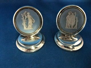 Antique Wedgwood Blue Jasperware Menu Holders In Chester C1905 Silver Mounts