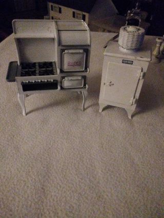 Vintage American Miniatures Cast Iron Metal Stove Refrigerator Dollhouse
